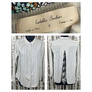 Anthropologie Isabella Sinclair Ivory & Grey Striped Button Down Shirt w Lace Pa
